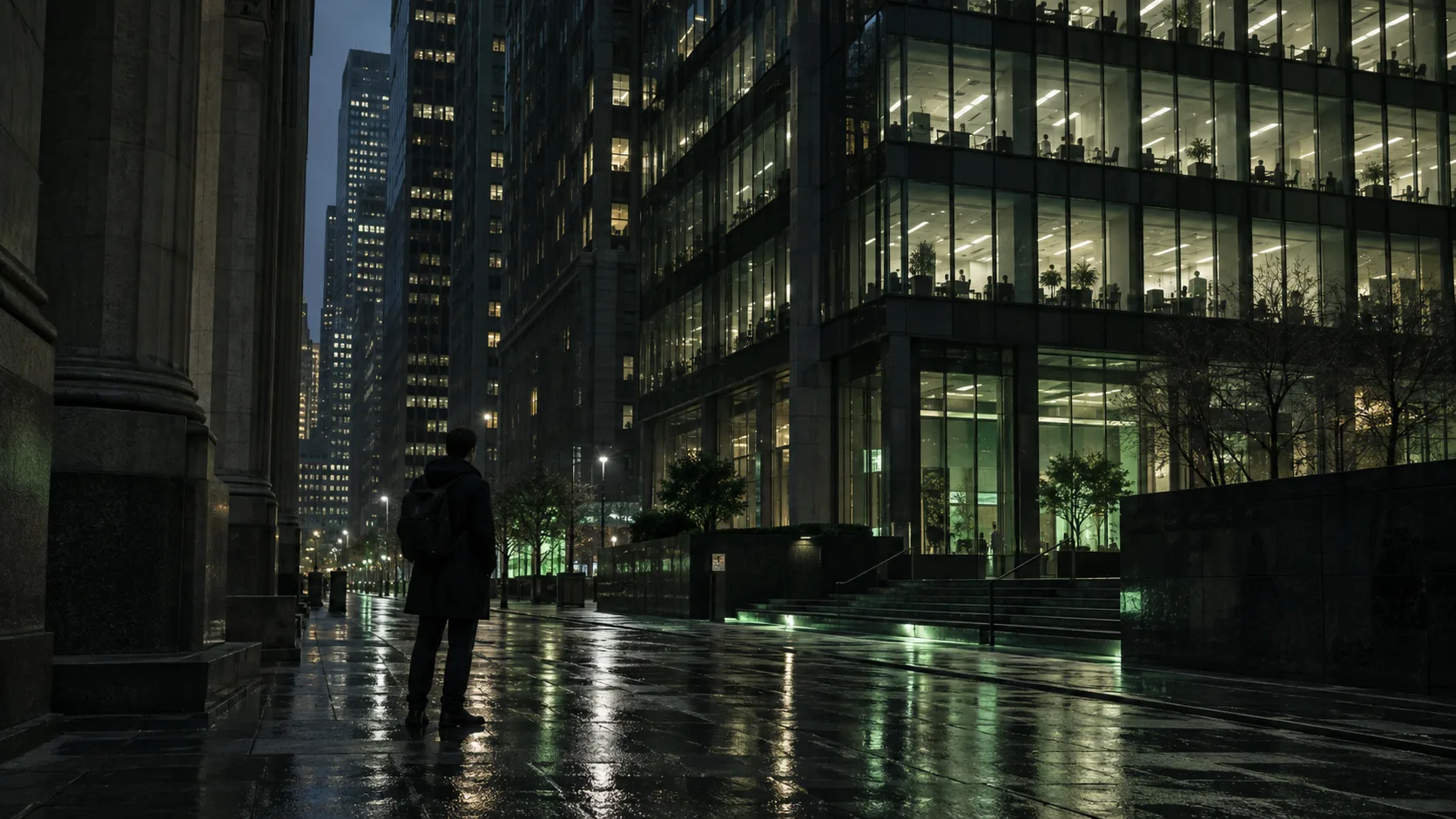 Generated editorial illustration of a person looking toward illuminated financial offices.